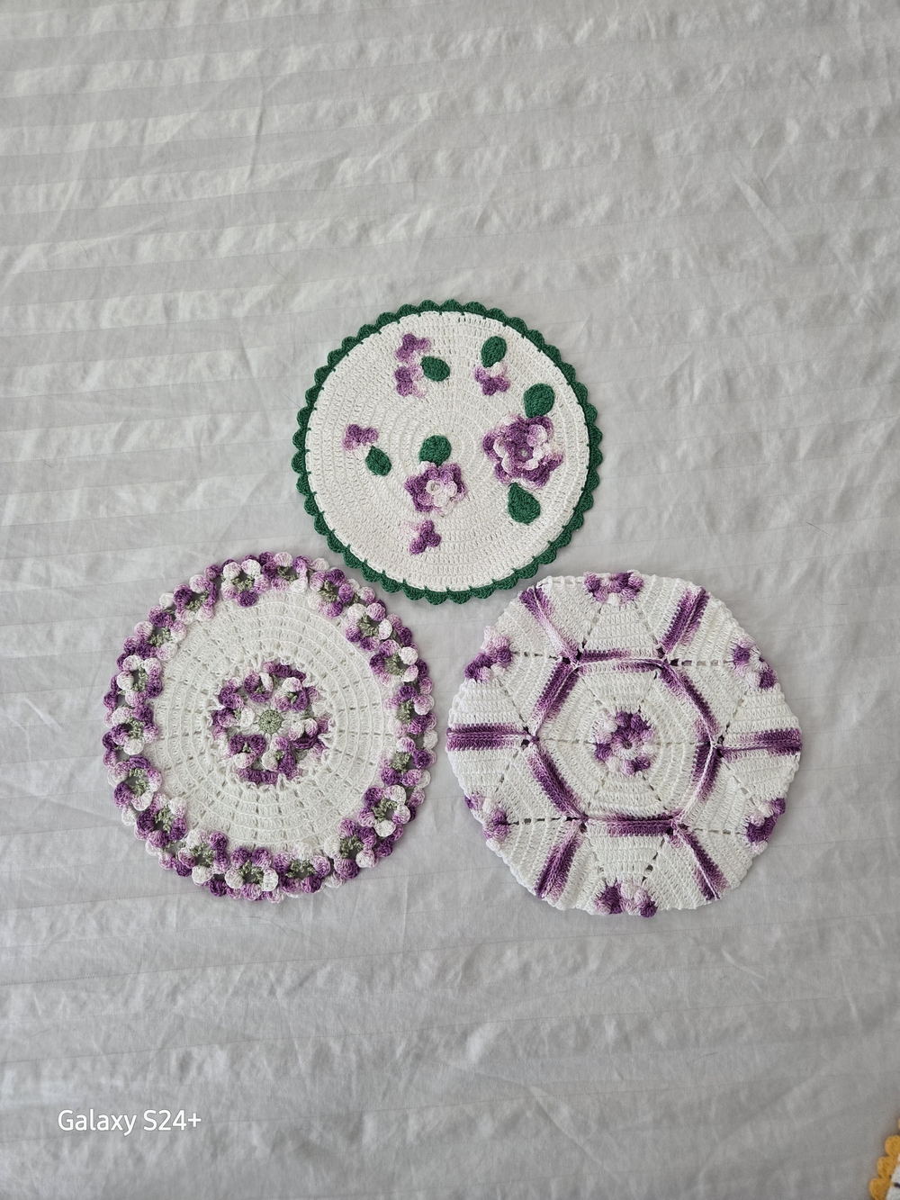 Vintage Style Handmade White & Purple Crocheted Doily Trio